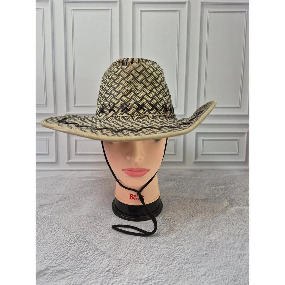 Mens Woven Straw Cowboy Hat Tan Black Wide Brim Western Sun Hat with Chin Strap